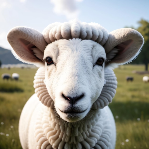 A sheep with a white wooly head and a cloudy sky