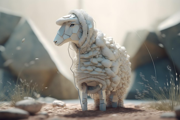 A sheep with a wire harness is standing in the dirt.