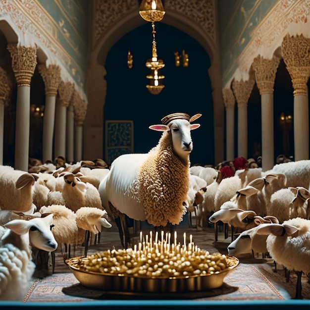 Sheeps on food table eating