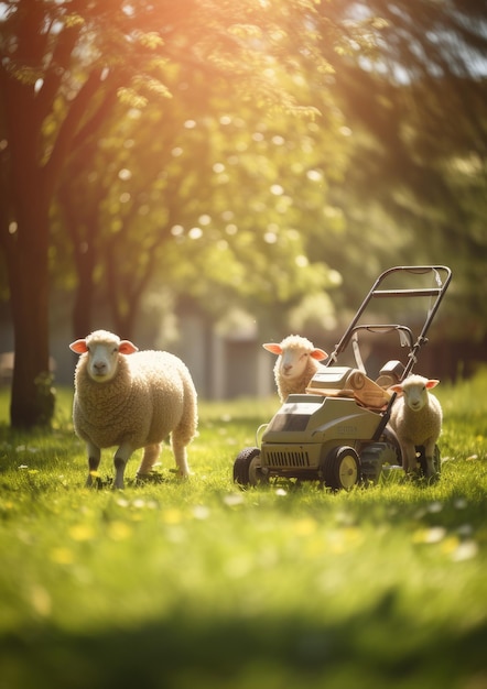 Sheeps in garden with a lawnmower bokeh background sunlight Generative Ai