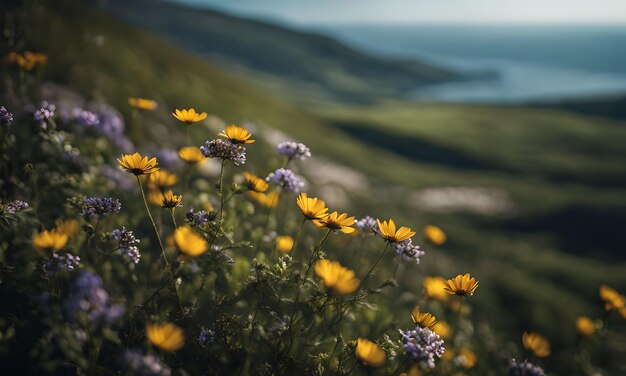 Photo sheer cliffside wildflowers wallpaper