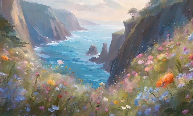 Sheer Cliffside Wildflowers Wallpaper