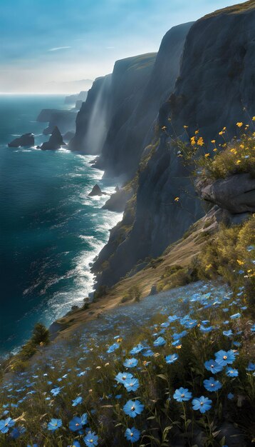 Sheer cliffside wildflowers wallpaper