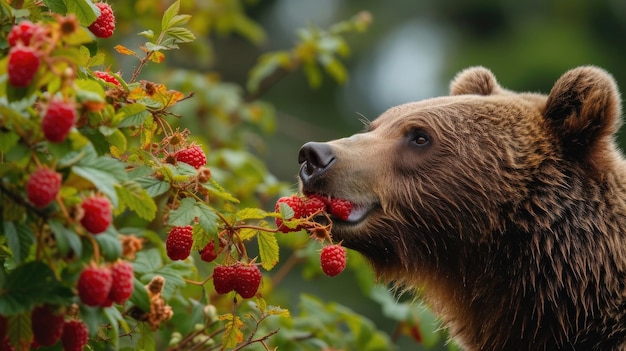 The sheer delight of a bear as it relishes mouthwatering raspberries