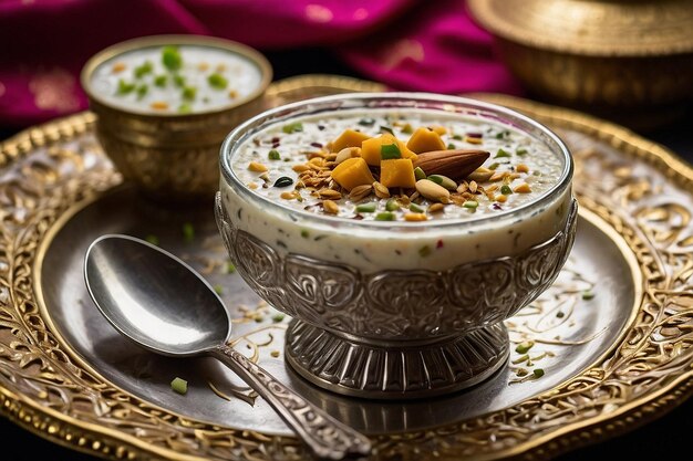 Foto sheer khurma su un piatto di dessert ornato