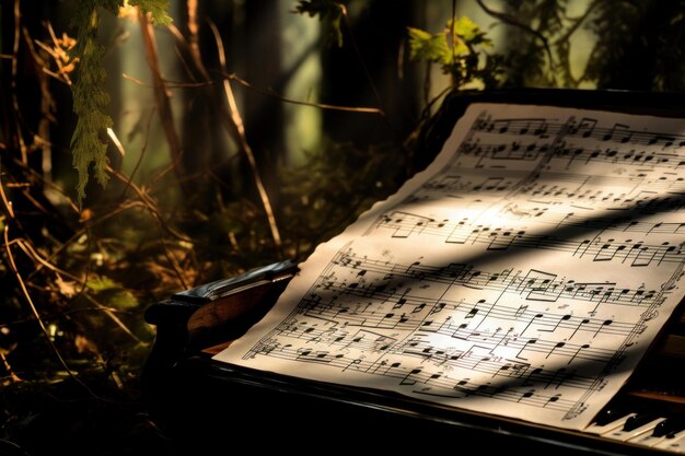 Фото sheet music on a wooden bench in a magical forest setting with natural sunlight