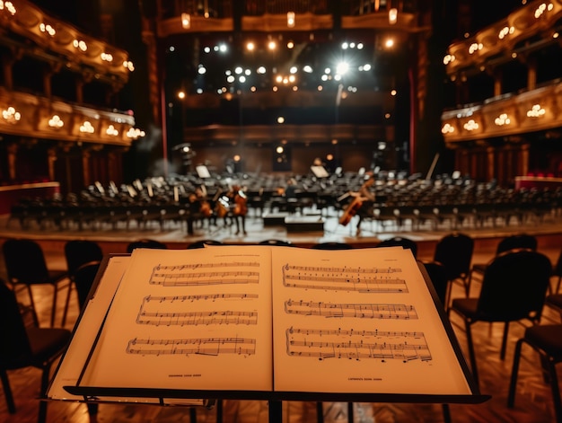 Photo sheet music on stage with grand orchestra backdrop