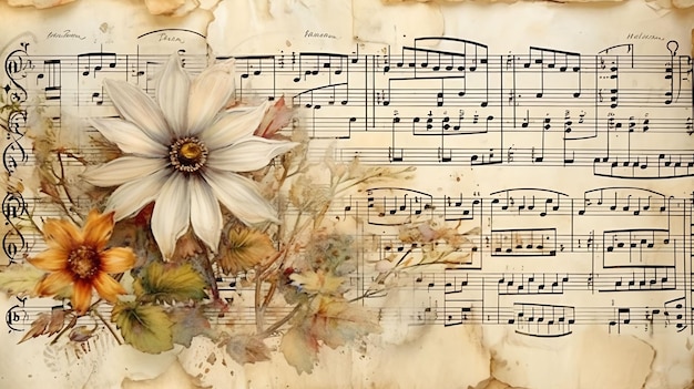 a sheet music with a flower and a piano keyboard