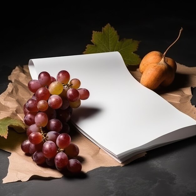 A sheet of paper next to a bunch of grapes generative ai