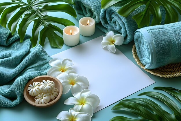 Photo a sheet of paper surrounded by towels candles and flowers generative ai