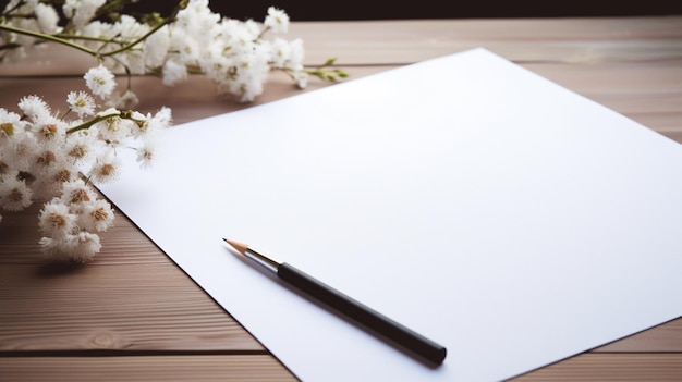 A sheet of paper with a pen on it and a bunch of flowers on the table.