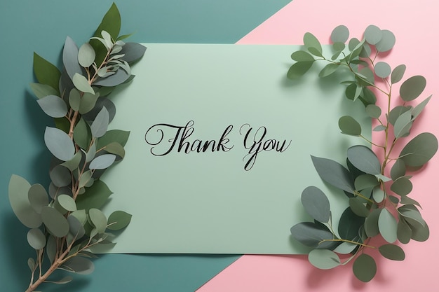 Photo sheet of paper with text thank you and plant branch on color background