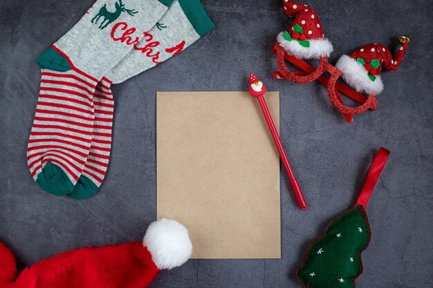 A sheet for writing to Santa and Christmas accessories around Space for text New Year