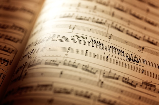 Sheets with music notes, close-up view