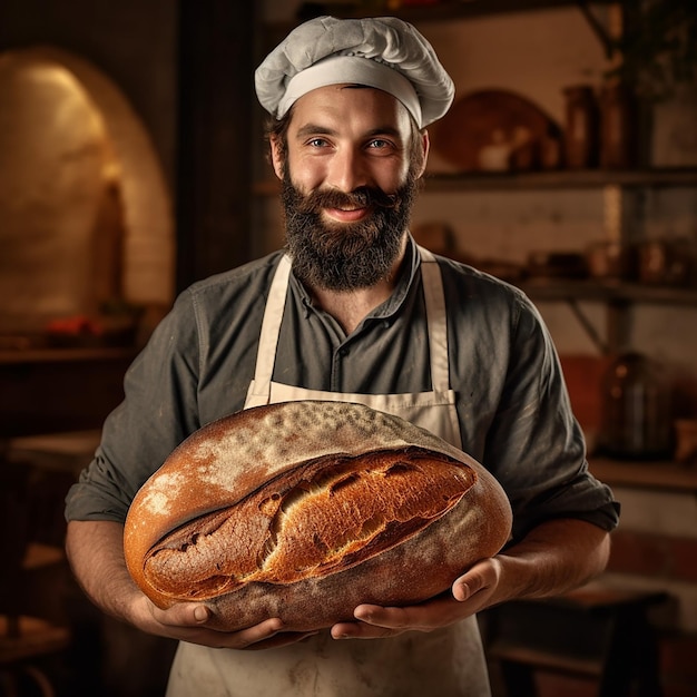 Photo sheff holding a big piece of bread in the kitchen