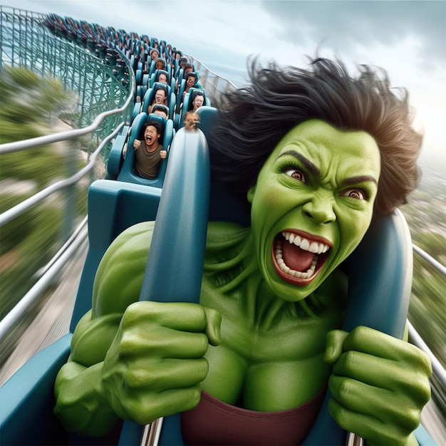 SheHulk sitting on a front row of a rollercoaster