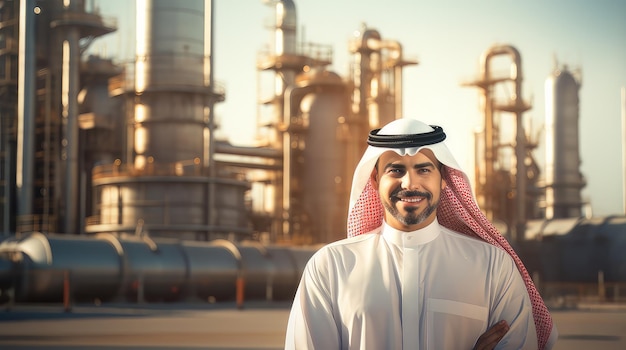 Photo sheikh on the background of the oil refinery