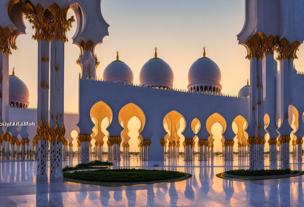 The sheikh zayed grand mosque is lit up at sunset.