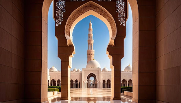 The sheikh zayed grand mosque is seen through a window.