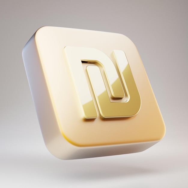 Shekel icon. Golden Shekel symbol on matte gold plate. 3D rendered Social Media Icon.