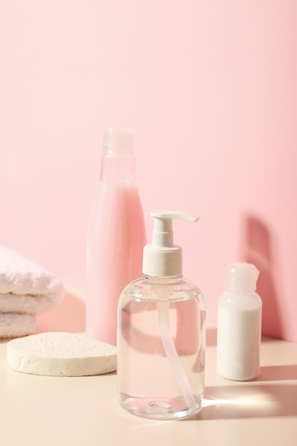 A shelf in the bathroom with care products