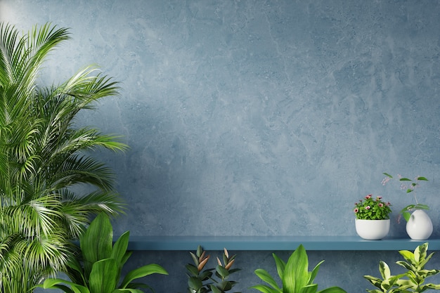 Shelf on blue wall with green plant,3d rendering