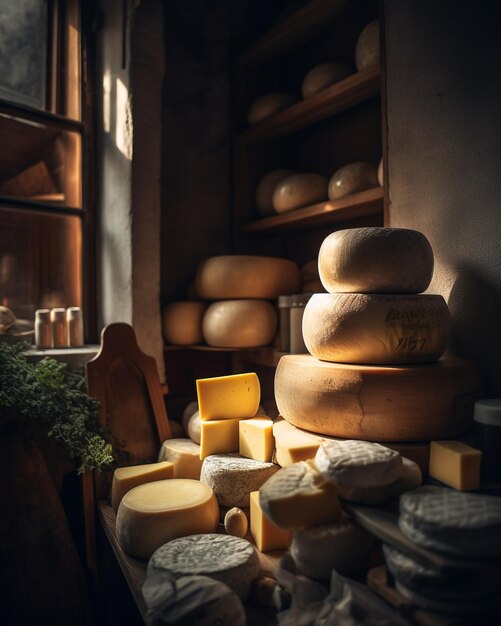 A shelf of cheeses with the word cheese on it