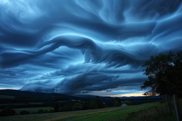 Photo shelf cloud formation over rural landscape