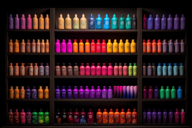 A shelf of colorful bottles