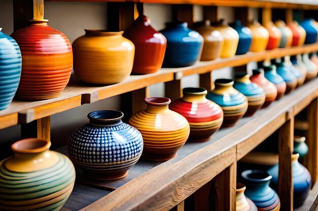 A shelf of colorful pottery with a checkered pattern