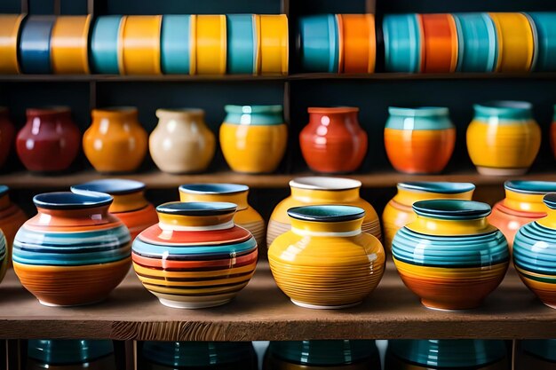 A shelf of colorful pottery with different colors and shapes