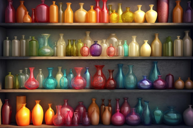 Shelf colorful vases art Generate Ai
