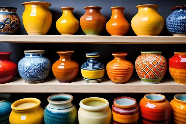 A shelf of colorful vases with different colors and shapes