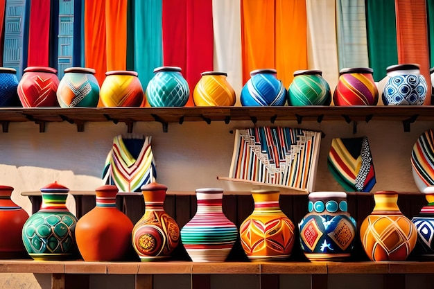 A shelf of colorful vases with the letter m on it