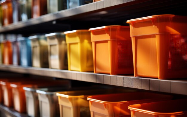 A shelf filled with an array of vibrant colored bins in a chaotic yet organized display