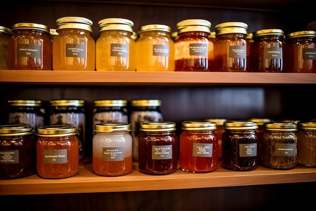 a shelf filled with different flavored jars AI generated