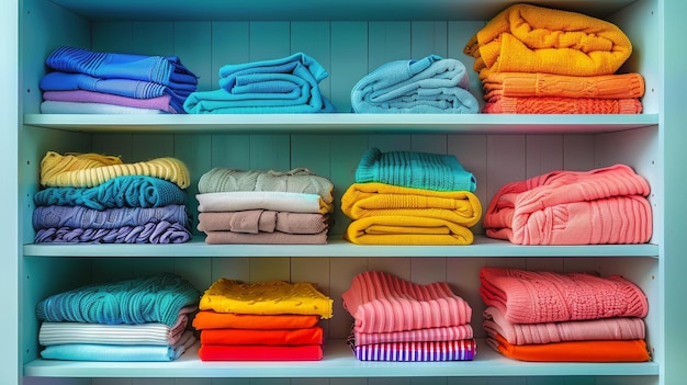 Photo shelf filled with folded towels