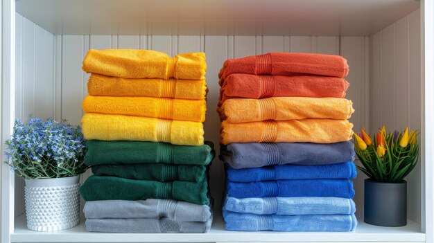 Photo shelf filled with folded towels