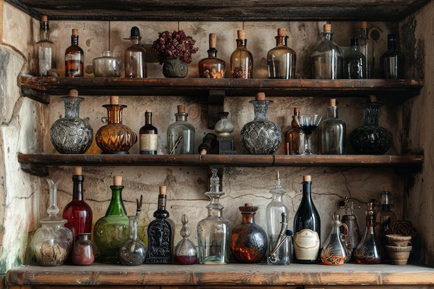 Shelf Filled With Glass Bottles