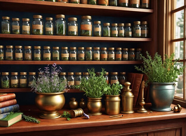 a shelf filled with herbs and herbs