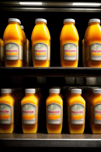 Полка, наполненная бутылками апельсинового сока.