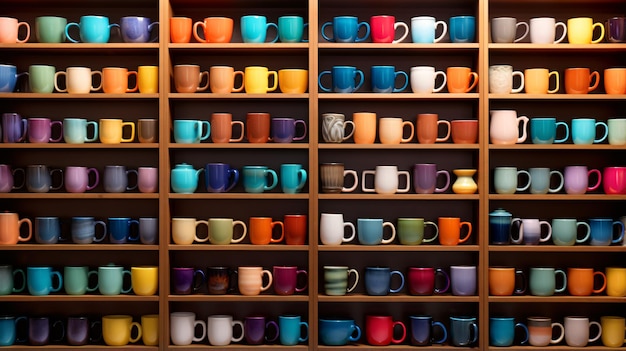 Shelf filled with lots of different colored coffee