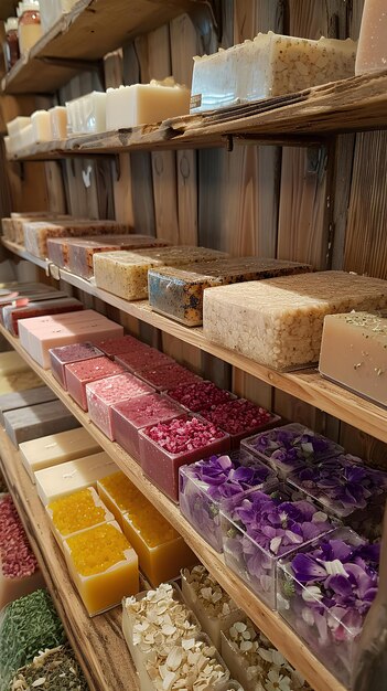 A shelf filled with lots of different types of soaps and candles on its shelves next to each other