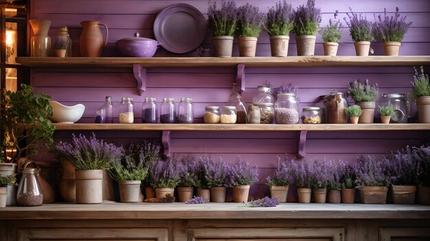 Foto uno scaffale pieno di piante in vaso all'interno della cucina boema con tema di colore lavanda