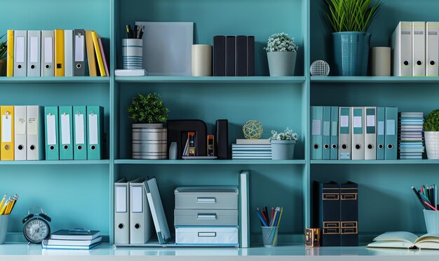 Photo a shelf filled with neatly organized business books binders and office supplies set against a clean modern background