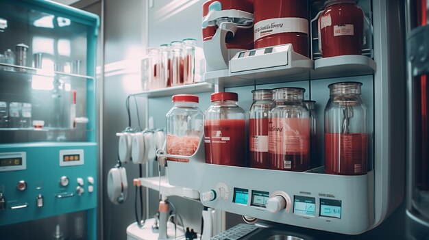 A shelf of food products with a red liquid in it.