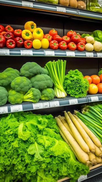 Полка свежих овощей в супермаркете