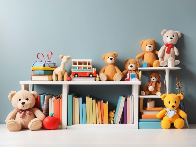 Shelf full of books and toys on white children back to school background