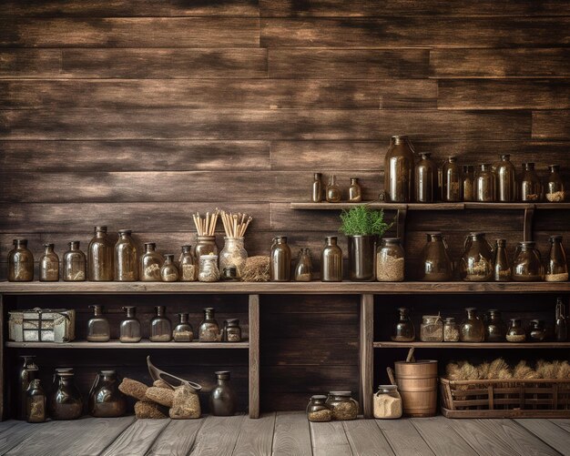 Photo a shelf full of bottles with a plant on it