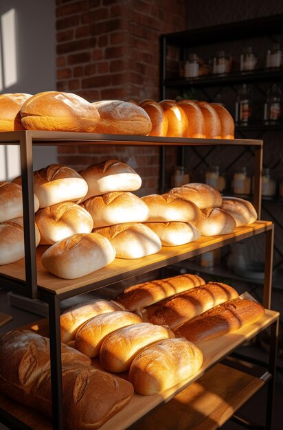 Foto uno scaffale pieno di pane con il pane su di esso